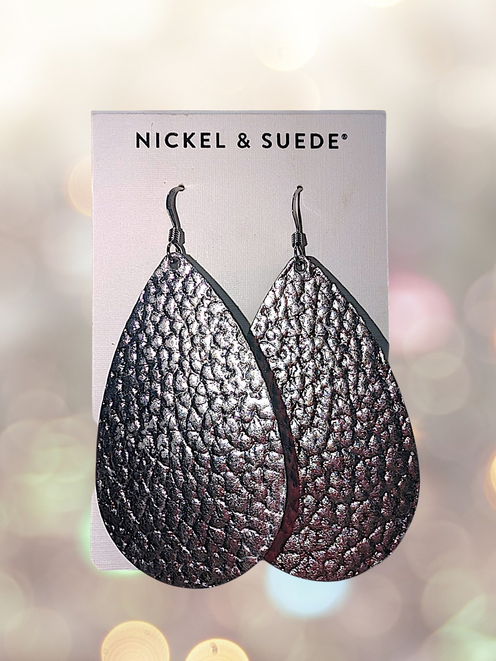 Nickel & Suede Metallic Hammered Silver Teardrop Earrings